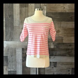 Banana Republic cream hot pink striped top small 3/4 sleeves coastal Barbie
